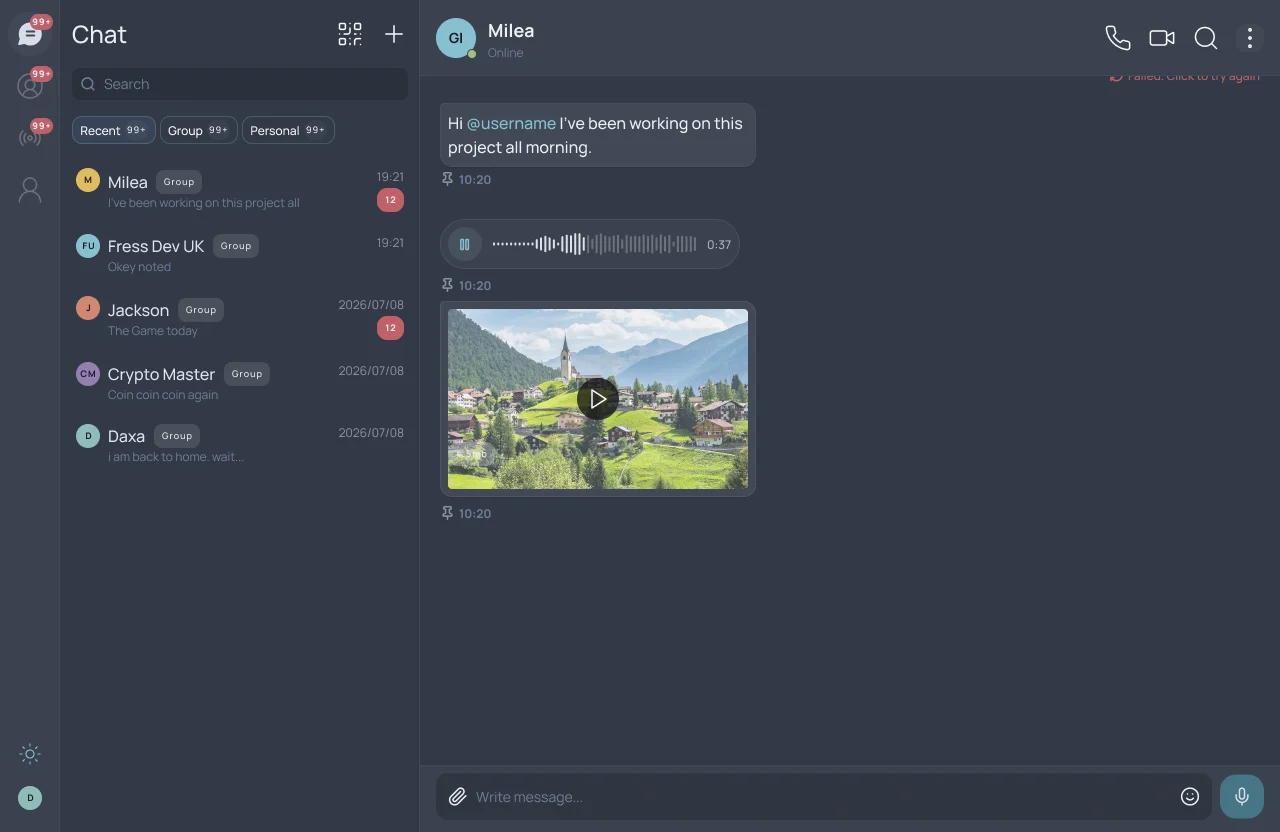 BBGE’s desktop chat with a conversation list, text and voice messages, and a shared video.