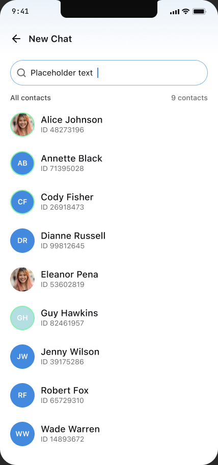 Ech0’s mobile contact picker with search and a list of people to message.