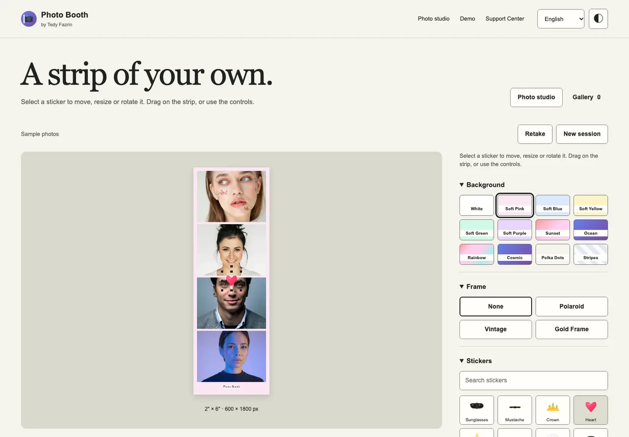 Photobooth’s editor with sample photos in a pink strip and controls for backgrounds, frames, and stickers.